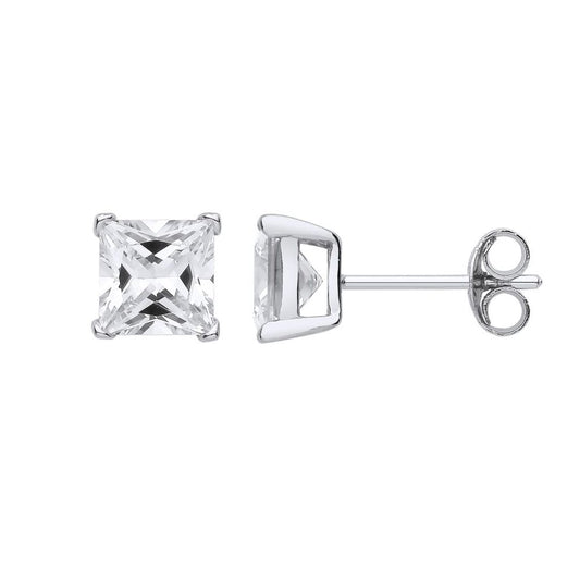 Silver Princess Cut CZ 4 Claw Solitaire Stud Earrings 6mm 2.50cts - SQ6