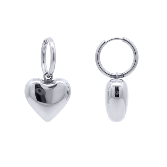 Stainless Steel Suspended Puffy Love Heart Charm Drop Earrings - STE0015