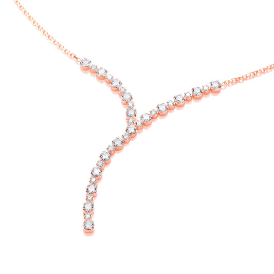 Rose Silver CZ Y Shape Line Eternity Necklace - SZK001R