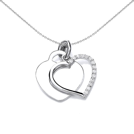 Sterling Silver CZ Entwined Dual Love Heart Tag Charm Necklace - SZP015