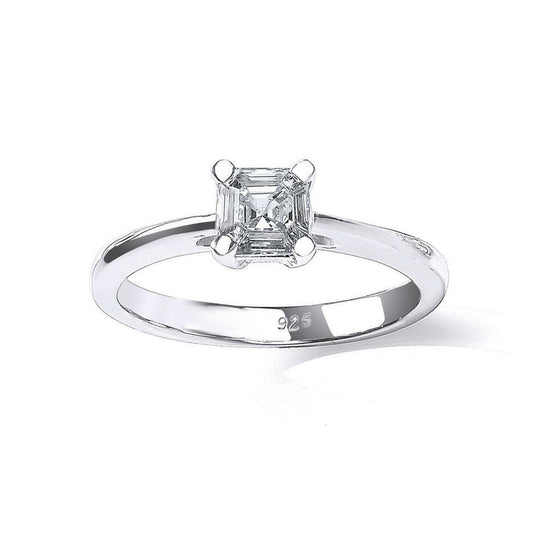 Silver Asscher Cut CZ 4 Claw Solitaire Engagement Ring 1Ct - SZR006