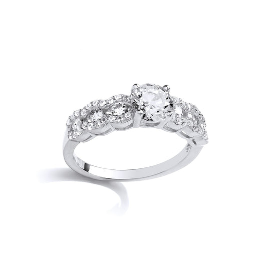 Silver CZ Wavy Halo Shoulder Solitaire Engagement Ring - SZR015