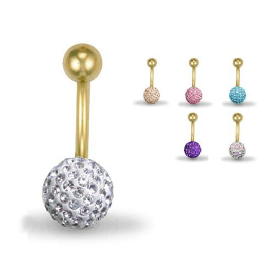 9ct Gold Round Crystal 8mm Disco Ball Banana Belly Bar 12mm - JBJ106-117