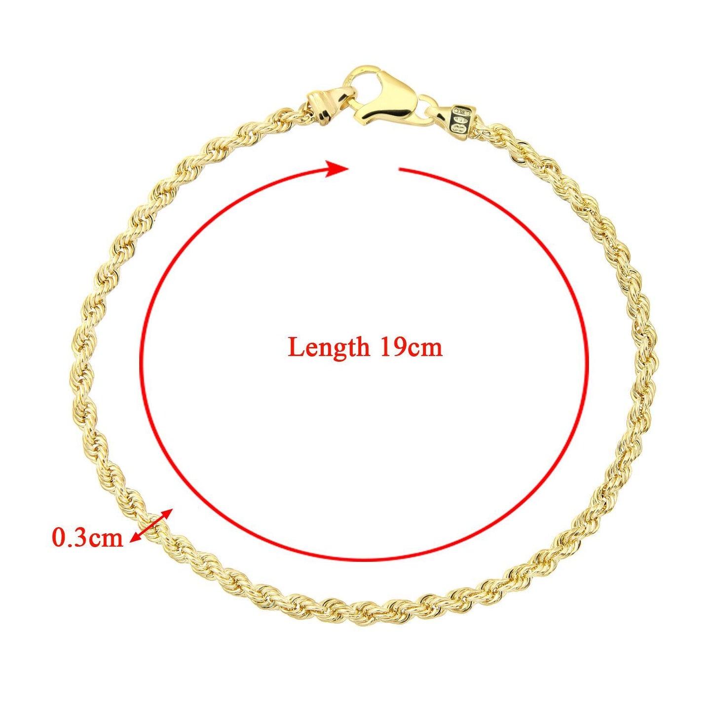 9ct Gold  Rope Chain Bracelet 3mm 7.5 inch - 050AXLHVC7.5