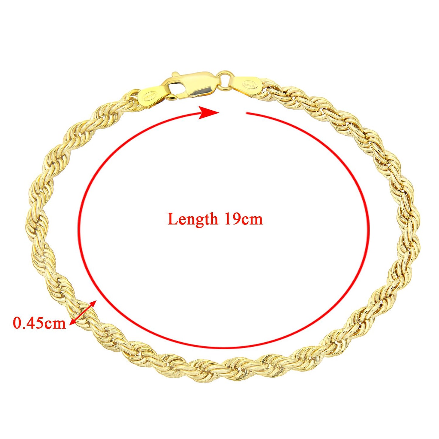 9ct Gold  Rope Chain Bracelet 4.5mm 7.5 inch - 080AXLHVC7.5