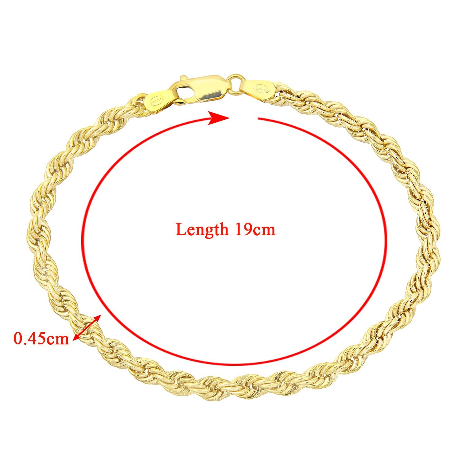 9ct Gold  Rope Chain Bracelet 4.5mm 7.5 inch - 080AXLHVC7.5