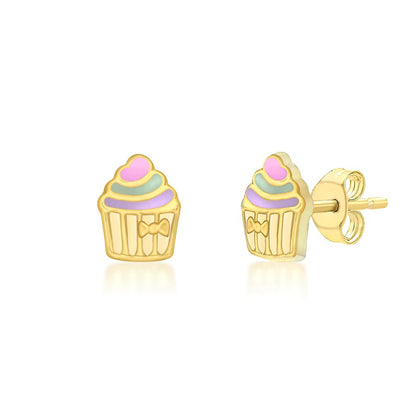 9ct Gold  Pastel Enamel Frosted Cupcake Muffin Bowtie Stud Earrings 5.5mm x 7mm - 1-55-8259