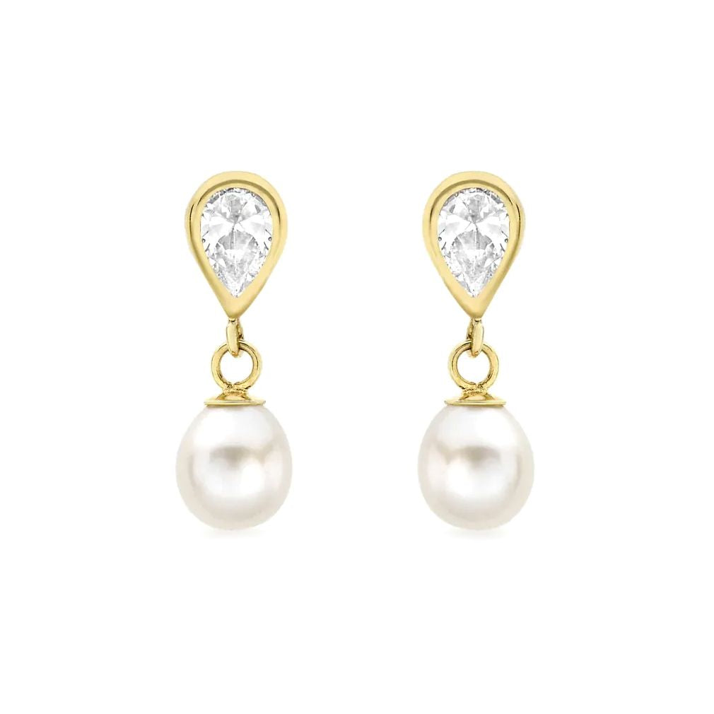 9ct Gold  Pear Pearl & CZ Mirrored Double Teardrop Drop Earrings - 1-57-7659