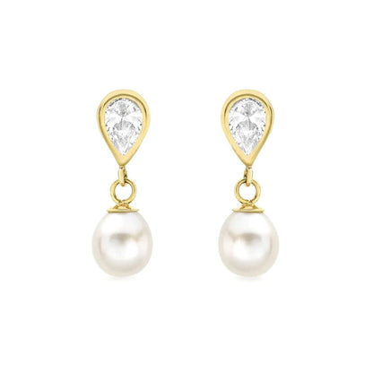 9ct Gold  Pear Pearl & CZ Mirrored Double Teardrop Drop Earrings - 1-57-7659