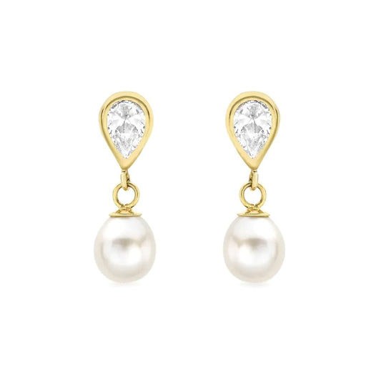 9ct Gold  Pear Pearl & CZ Mirrored Double Teardrop Drop Earrings - 1-57-7659