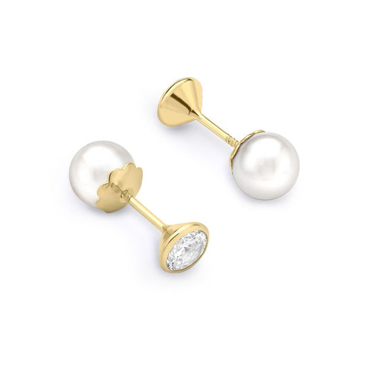 9ct Gold  Pearl & CZ Full Moon Double-Sided Stud Earrings 4mm & 6mm - 1-58-9459