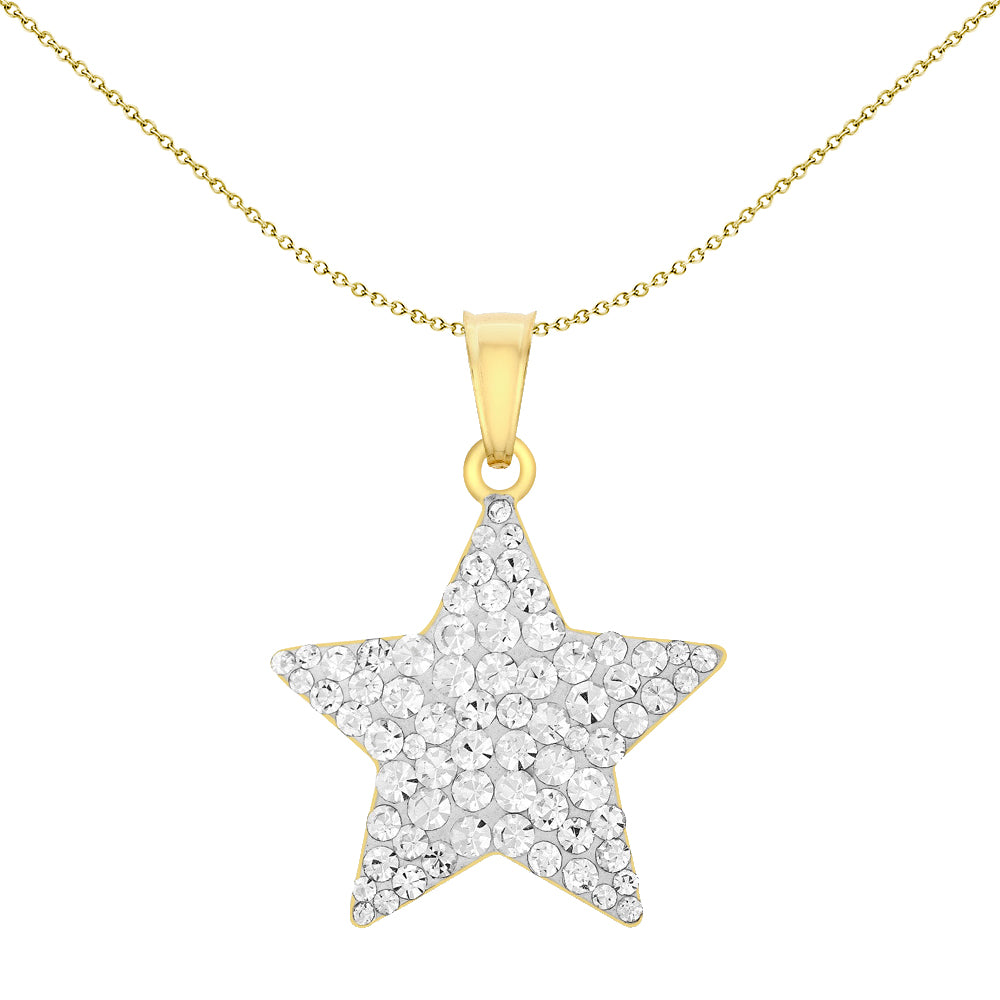 9ct Gold  Crystal Encrusted 5 Pointed Super Star Pendant Necklace - 1-62-9812