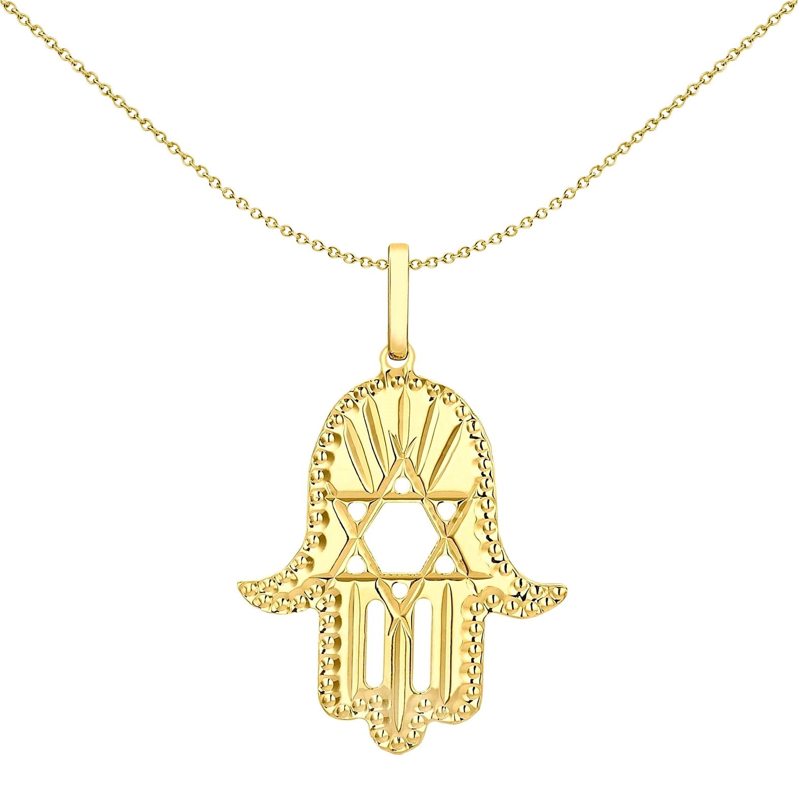 9ct Gold  Hamsa Hand Magen David Star Diamond-cut Charm Pendant - 1-64-2761