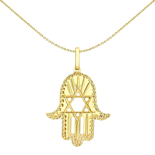 9ct Gold  Hamsa Hand Magen David Star Diamond-cut Charm Pendant - 1-64-2761