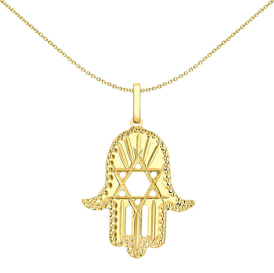 9ct Gold  Hamsa Hand Magen David Star Diamond-cut Charm Pendant - 1-64-2761
