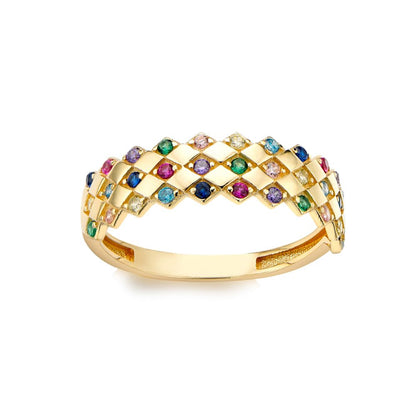 9ct Gold  Rainbow Pastel CZ Rhombus Clown Crown Ring 5mm - 1-84-9961