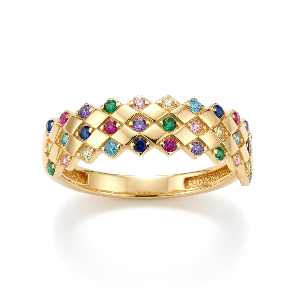 9ct Gold  Rainbow Pastel CZ Rhombus Clown Crown Ring 5mm - 1-84-9961