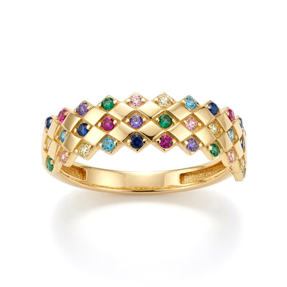 9ct Gold  Rainbow Pastel CZ Rhombus Clown Crown Ring 5mm - 1-84-9961