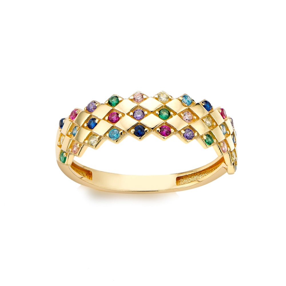 9ct Gold  Rainbow Pastel CZ Rhombus Clown Crown Ring 5mm - 1-84-9961