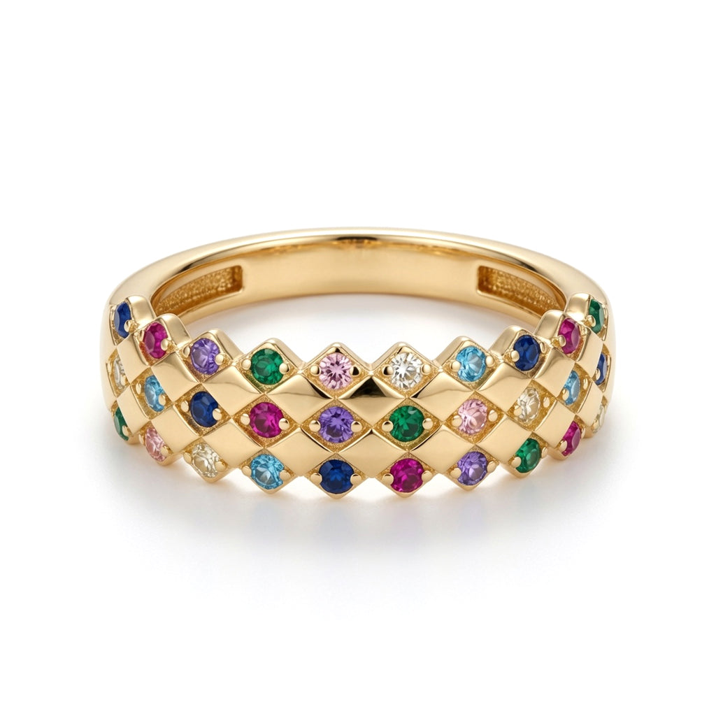 9ct Gold  Rainbow Pastel CZ Rhombus Clown Crown Ring 5mm - 1-84-9961