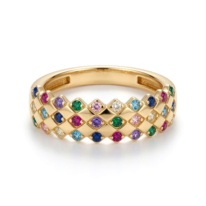 9ct Gold  Rainbow Pastel CZ Rhombus Clown Crown Ring 5mm - 1-84-9961