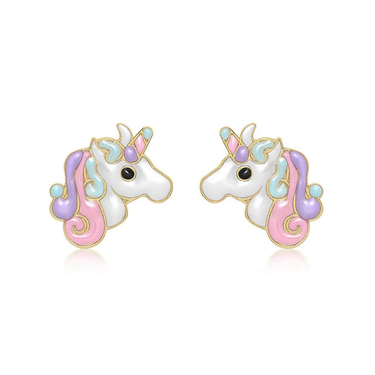 9ct Gold  Enamel Cute Cartoon Unicorn Stud Earrings 11mm - 1-55-8939