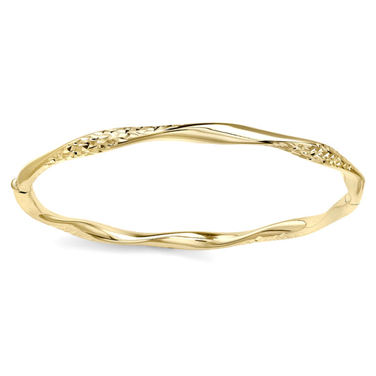 9ct Gold  Diamond-cut Sparkling Twist Oval Bangle Bracelet 4mm - BNNR02486