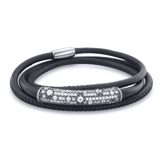 Silver  and Charcoal-Grey Leather CZ Doubled Up Ladies Bangle - BSNR02116