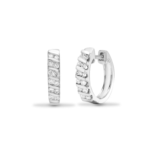 18ct White Gold  Diamond Dual Channel Huggie Hoop Earrings 13mm - 18E044