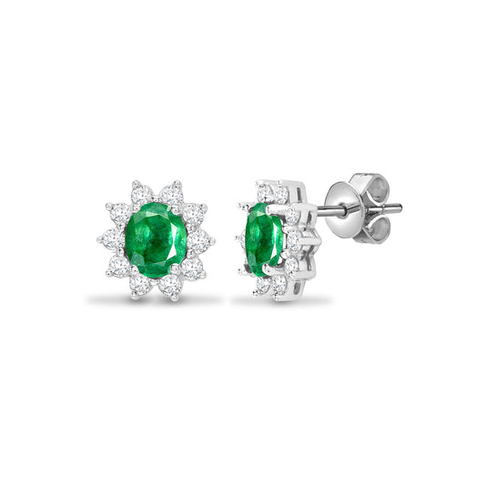 18ct White Gold  Diamond Green Emerald Royal Cluster Stud Earrings - 18E141