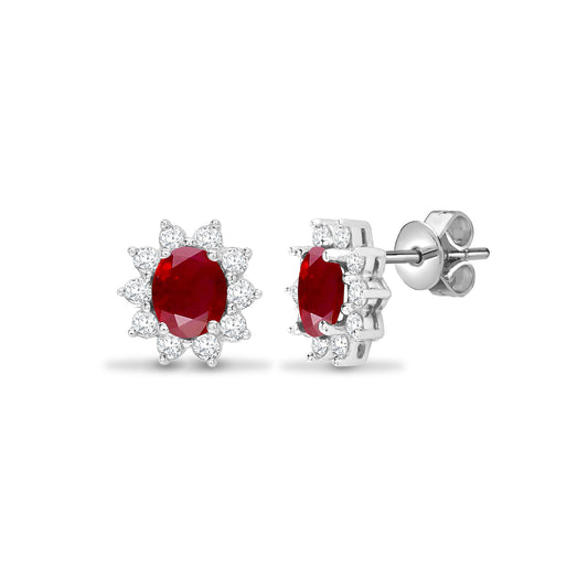 18ct White Gold  Diamond Red Ruby Royal Cluster Stud Earrings - 18E142