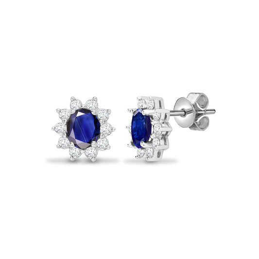18ct White Gold  Diamond Blue Sapphire Royal Cluster Stud Earrings - 18E143