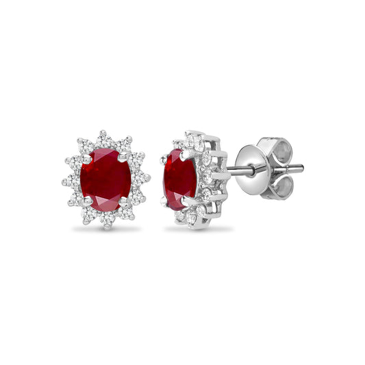 18ct White Gold  Diamond Red Ruby Royal Cluster Stud Earrings - 18E187