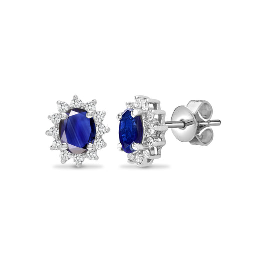 18ct White Gold  Diamond Blue Sapphire Royal Cluster Stud Earrings - 18E188