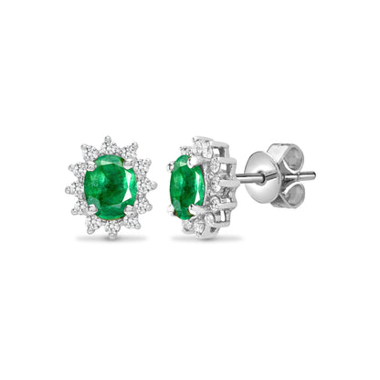18ct White Gold  Diamond Green Emerald Royal Cluster Stud Earrings - 18E194