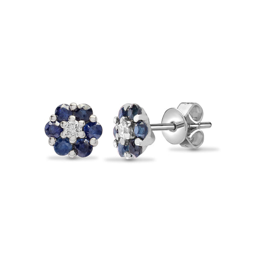 18ct White Gold  Diamond Blue Sapphire Daisy Cluster Stud Earrings - 18E197