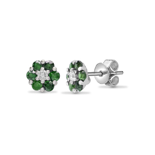 18ct White Gold  Diamond Green Emerald Daisy Cluster Stud Earrings - 18E199