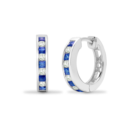 18ct White Gold  Diamond Sapphire Huggie Hoop Earrings 15mm - 18E210