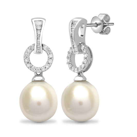 18ct White Gold  Diamond Pearl Pearl Full Moon Drop Earrings - 18E220