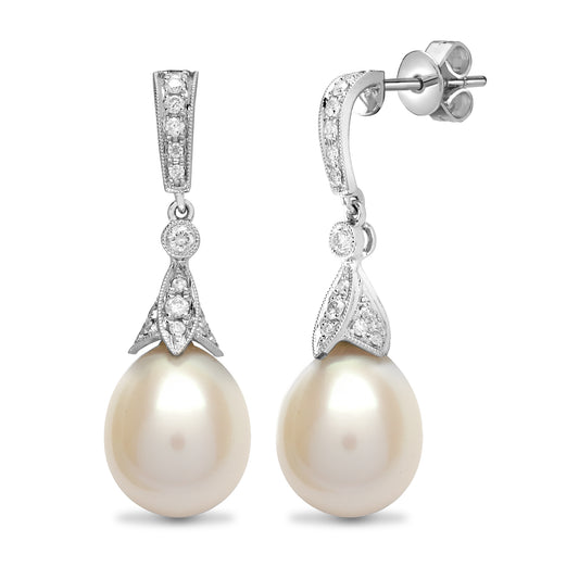 18ct White Gold  0.5ct Diamond Pearl Pearl Full Moon Drop Earrings - 18E222