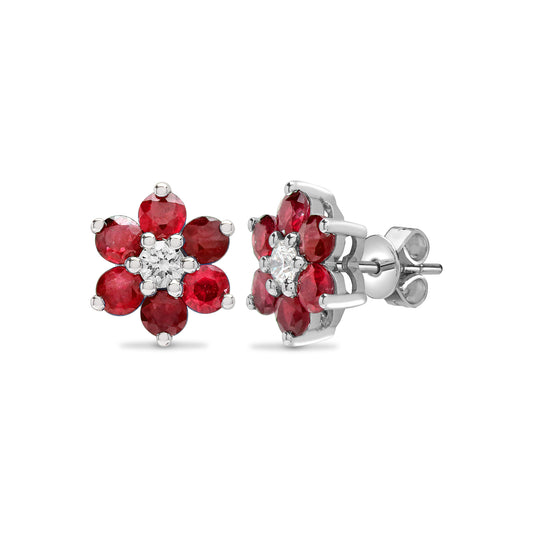 18ct White Gold  Diamond Ruby Flower Cluster Stud Earrings - 18E242