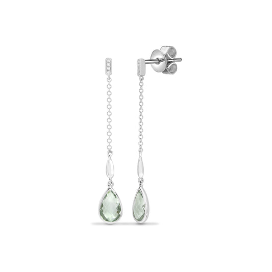 18ct White Gold  Diamond Green Amethyst Lively Tear Drop Earrings - 18E251