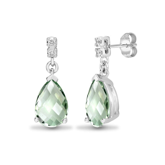 18ct White Gold  Diamond Green Amethyst Tears of Joy Drop Earrings - 18E266