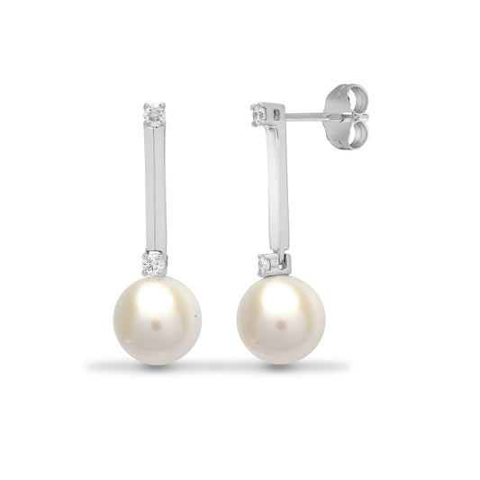 18ct White Gold  0.15ct Diamond and Pearl Drop Earrings - 18E279