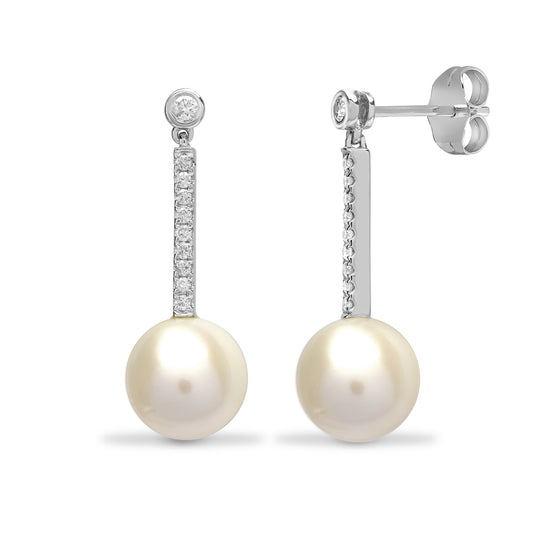 18ct White Gold  0.15ct Diamond and Pearl Full Moon Drop Earrings - 18E280