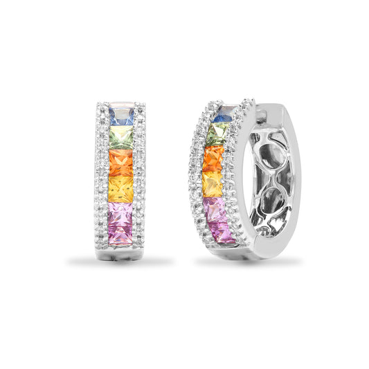 18ct White Gold  Diamond Rainbow Sapphire Huggie Hoop Earrings - 18E320