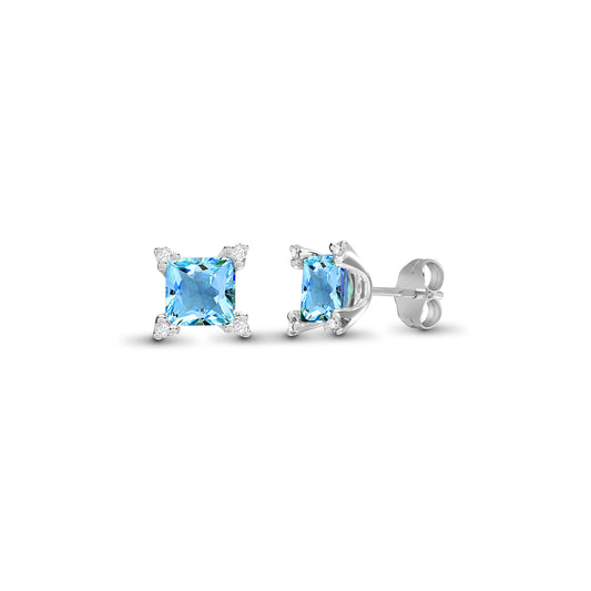 18ct White Gold  Diamond Blue Topaz Square Stud Earrings - 18E325