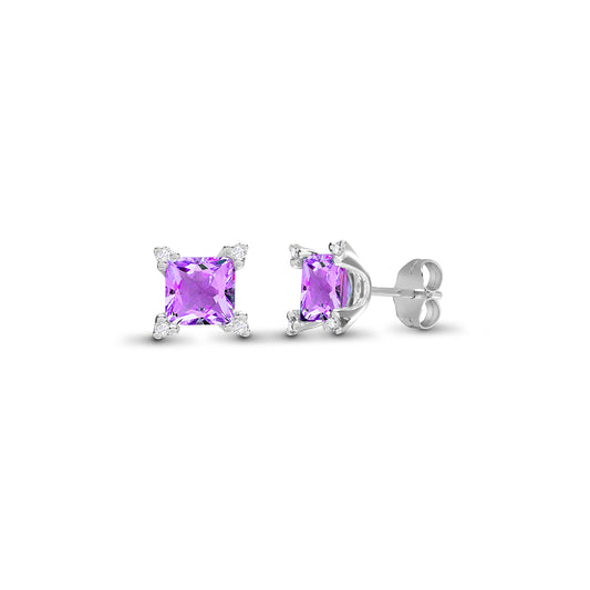 18ct White Gold  Diamond Purple Amethyst Square Stud Earrings - 18E326