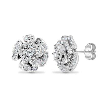 18ct White Gold  Diamond Rose Flower Petal Cluster Stud Earrings - 18E456
