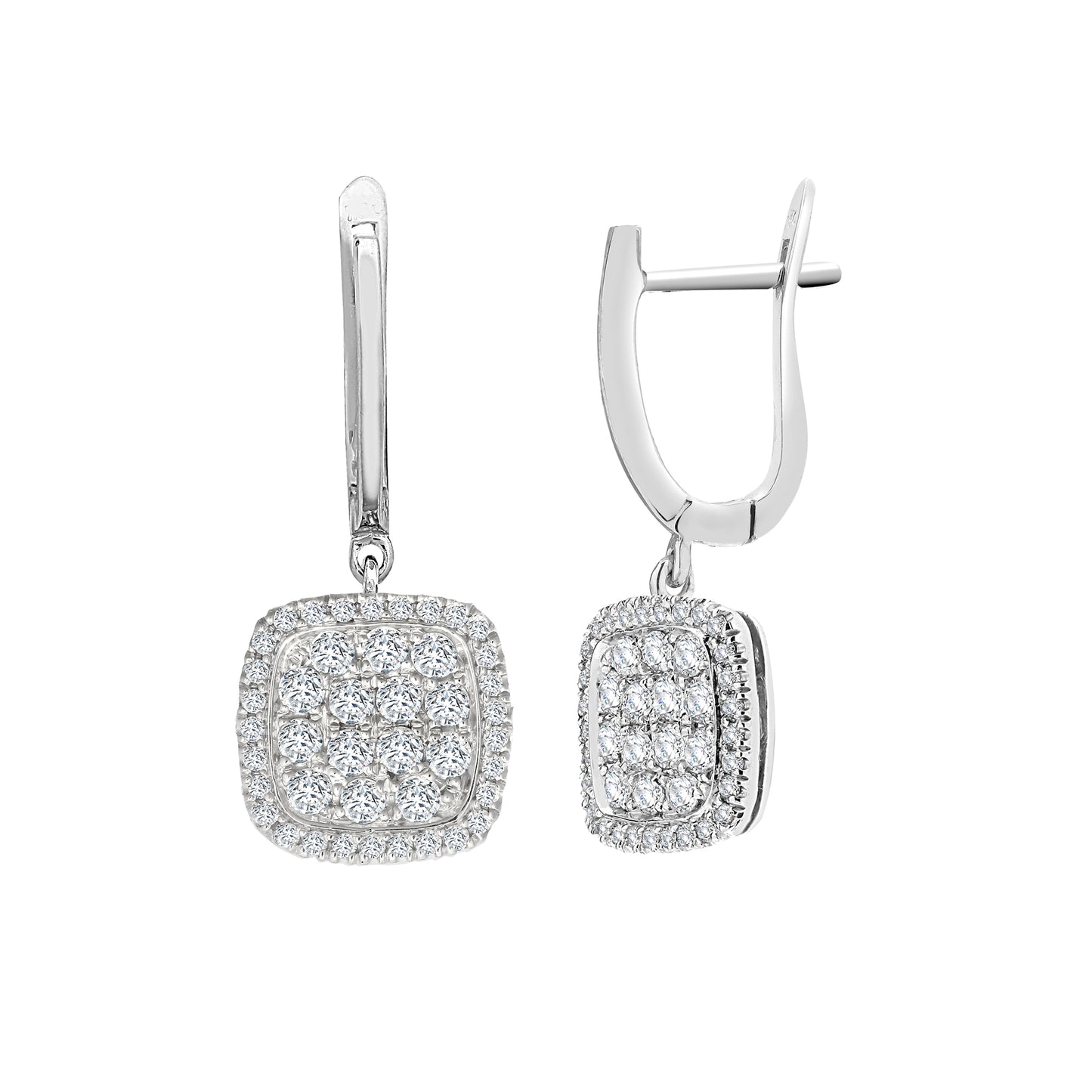 18ct White Gold  Diamond Square Cushion Cluster Drop Earrings - 18E457